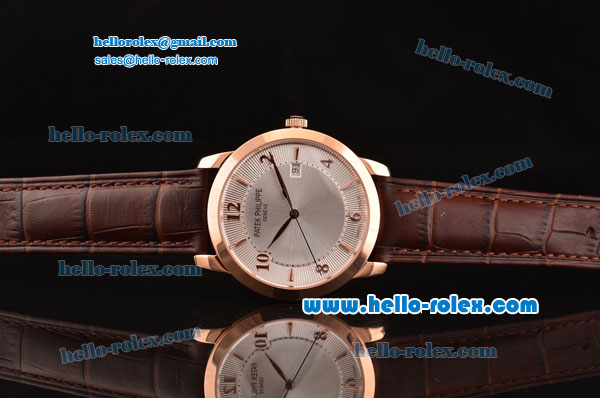 Patek Philippe Calatrava Swiss ETA 2824 Automatic Rose Gold Case with Brown Leather Strap White Dial Numeral/Stick Markers - Click Image to Close